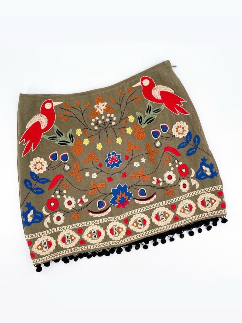 ☀️ 3/$25 Umgee Embroidered Folk Art Pom Pom Mini Skirt Olive Small